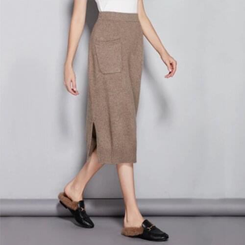 New 100 Pure cashmere skirt Women Winter knitted autumn warm thick OL Lady skirts high waist Solid color side slit