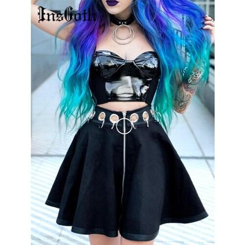 Women A-line Gothic Skirt Summer Sexy Hoop Hollow Out Pleated Skirts Goth Black Iron Ring Female Mini Short Skirts Casual Skirt