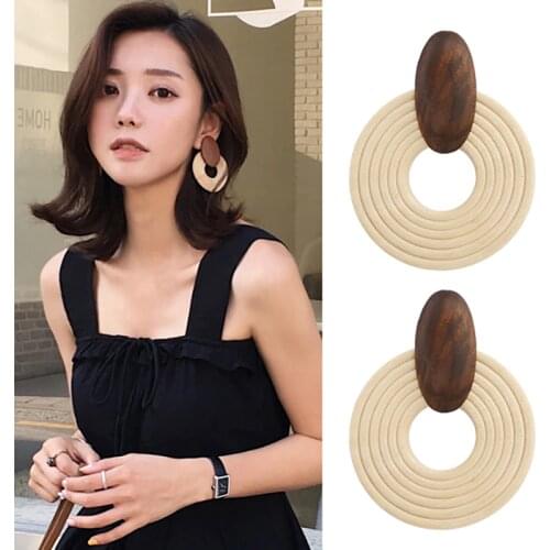 AENSOA Korea Handmade Big Round Pendant Drop Earrings For Women 2019 Wooden African Ethnic Statement Earrings Party Jewelry Gift
