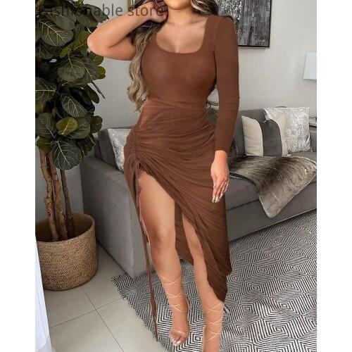 Women Solid Color Long Sleeve Drawstring Ruched High Slit Bodycon Dress