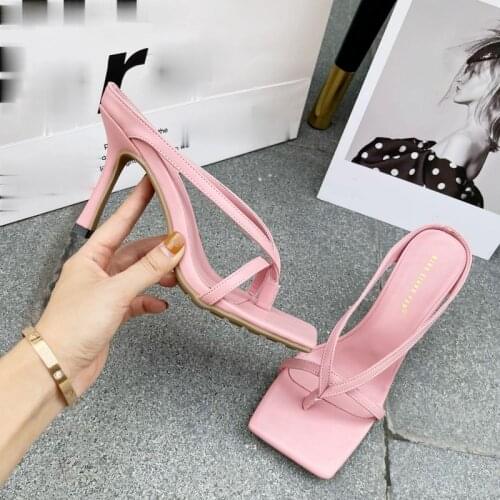 2021 New spring and summer candy color thin strap mid-heel sandals catwalk square toe clip toe open toe high heels