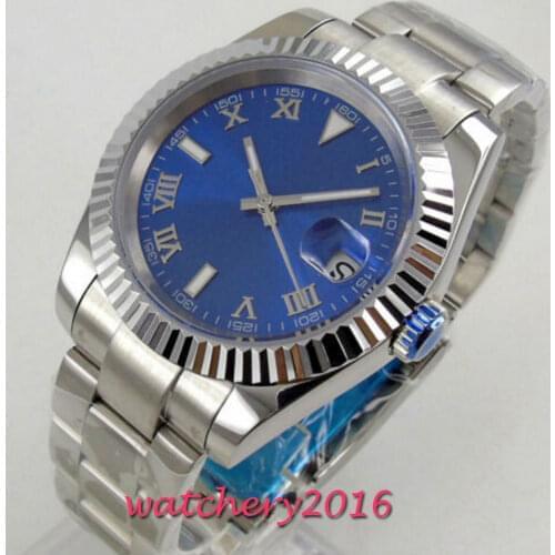 36mm Bliger Sterile Blue Dial Date Roman Numbers Automatic Mens Watch 21 Jewels MIYOTA 8215 Jubilee Strap Sapphire Glass