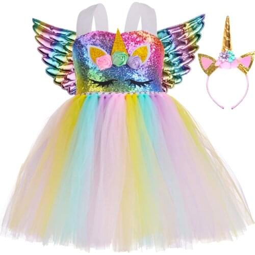 Kids Unicorn Dress for Girls Halloween Carnival Costume Pastel Rainbow Sequins Girl Unicorn Birthday Party Tutu Dress Outfit