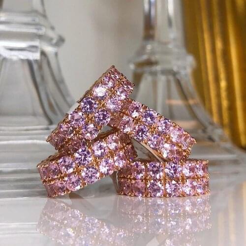 Double row Pink cubic zirconia engagement band ring All cz around eternity band full finger women jewelry