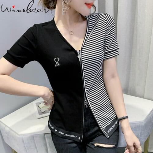 Summer European Clothes Cotton Stretchy T-Shirt Sexy Fashion Patchwork Zipper Women Tops Short Sleeve All Match Tees New T14801A