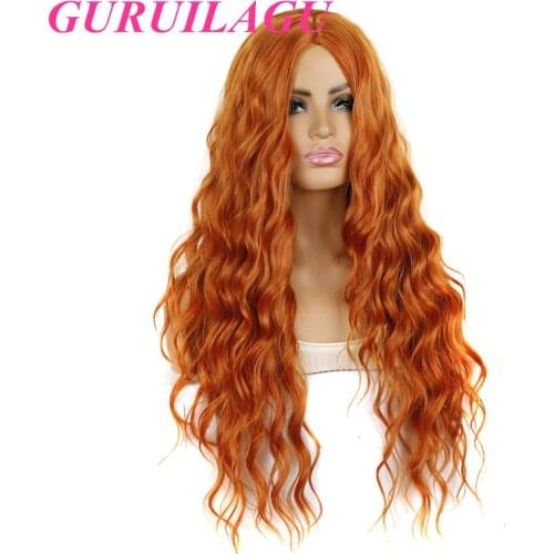 GURUILAGU Long Wave Wavy Wigs for Women Middle Part Natural Wigs High Temperature Orange Color Synthetic Hair Cosplay Wig