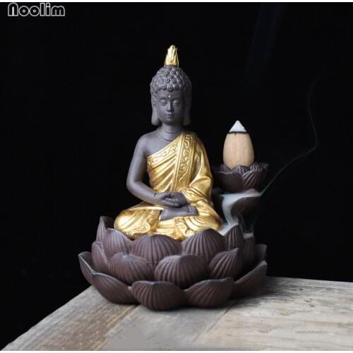 Ceramic Backflow Incense Burner Golden Buddha Statue Incense Censer Smoke Waterfall Lotus Incense Holder Home Tearoom Decoration