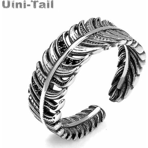 Uini-Tail hot sale new 925 Thai silver personality retro feather micro inlaid open ring fashion tide flowing sense high quality