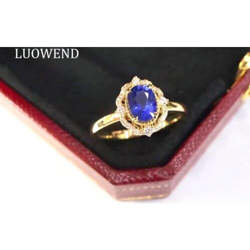 LUOWEND 100% 18K Yellow Gold Ring 1.0 carat Blue Sapphire Rings Natural Diamond Ring for Women Anniversary Engagement Party