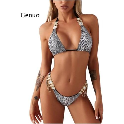 Snake Print Swimsuit Women Diamond Decoration Bikini 2021 Sexy Low Waist Swimsuits Push Up Bathing Suit Two-piece Beachwear