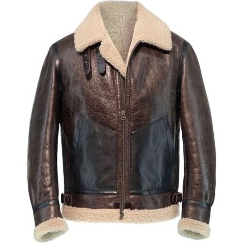 2020 winter mens casual fashion sheep fur shearling wool lining Pilot biker jacket coat with cattle hide belt