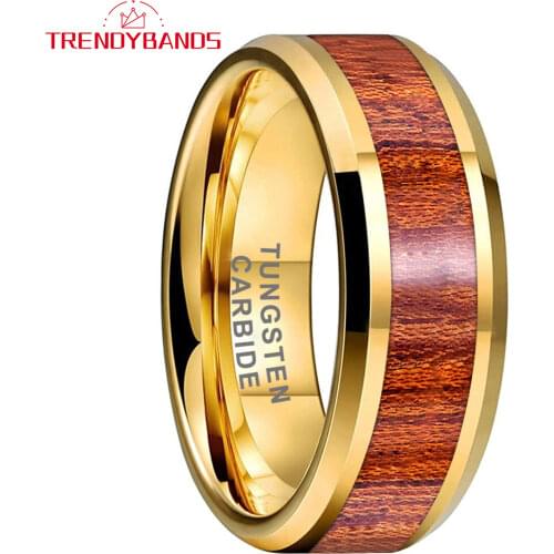 8MM Gold Koa Wood Inlay Tungsten Enaggement Rings Wedding Bands For Men Women Polished Shiny Comfort Fit