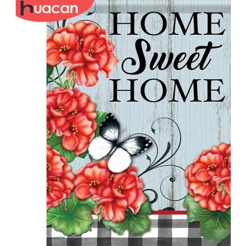 HUACAN Diamond Painting Kit Flower Home Sweet Home 5d Diy Diamond Embroidery Mosaic Floral Butterfly Wall Stickers