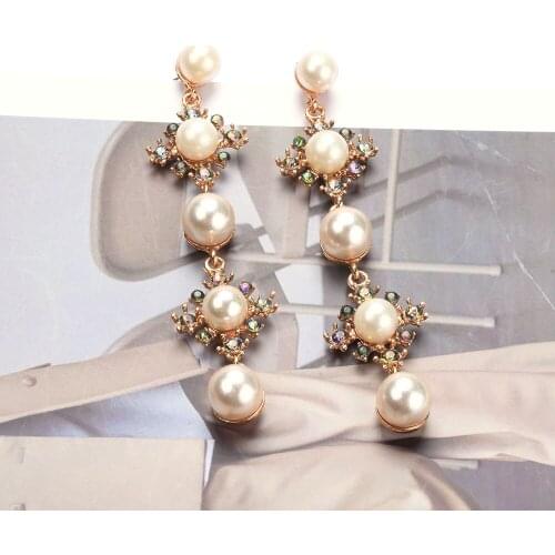 New Arrive Statement Long Simulated Pearl Flowers Earing High-quality Rhinestones Drop Earrings Jewelry Accessories For Women