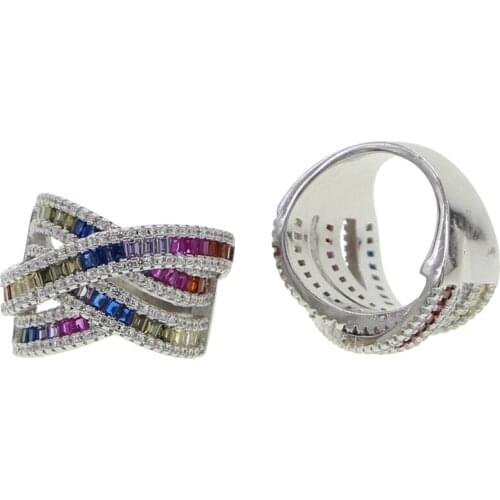 Multi wrap criss corss cz ring paved princess cut Rainbow cz fashion trendy women engagement rings
