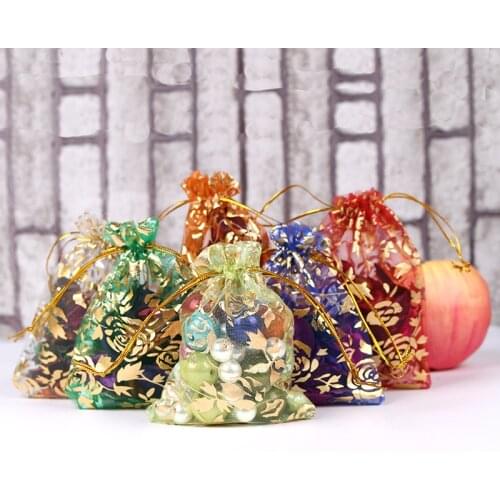Wholesale 100pc/lot 9X12cm Gold Rose Color Christmas Bags Wedding Drawable Organza Voile Gift Packaging Bags Cheap Pouches Bags