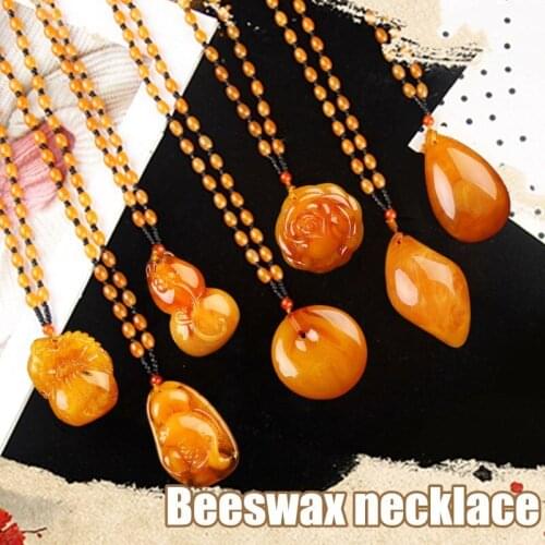 Vintage Ethnic Beeswax Pendant Necklace For Unisex Trendy Wood Beads Chain Necklace Female Jewelry Neck Decoration Fashion Gift