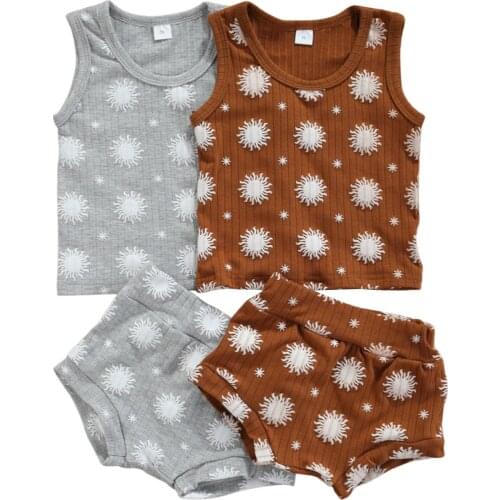 Baby Girls Boys Casual Two-piece Clothes Set, Printed Pattern Round Collar Sleeveless Tops and Shorts, Brown/ Grey 0-18M