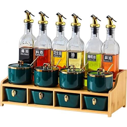 Nordic Light Luxury Ceramic Seasoning Jar Set Household Wood Seasoning Tank Rack Combination Seasoning Box Kitchen Storage Shelf