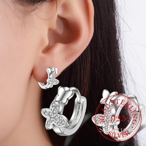 Real 925 Silver Clear CZ Cute Animal Double Butterfly Hoop Earring For Kids Children Girls Women Loop Huggies Earring Jewelry