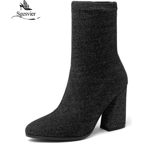 Sgesvier Womens Boots Pointed Toe Elastic Ankle Boots Thick Heel High Heels Shoes Woman Female Socks Boots 2018 Spring OX481