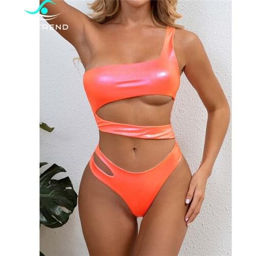 Asymmetric Monokini One Piece Swimsuit Women Shinny Solid Swimwear Female PU Faux Leather Tummy Cut Out Bather Bathing Suit