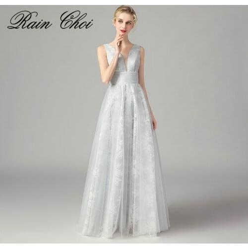 Formal Evening Dresses 2020 Sexy V Neck Lace Tulle Long Party Gowns Robe Soiree