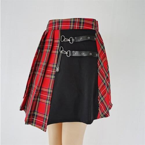 Fashion Streetwear Buckle Female Goth Skirt Gothic Punk Skirts Women Red Plaid Pleated High Waist Patchwork Mini Skirt