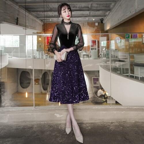 New Evening Dress Sequins Luxurious High Neck A-Line Zipper Back Tea-Length Empire Full Sleeves Woman Formal Party Gowns A1452