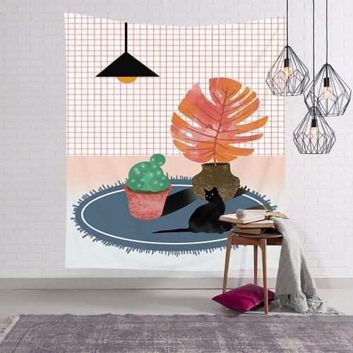 1PC Scandinavian Tapestry Hanging Cloth Background Cartoon Kitten Wood Decorative Bedside Wall Curtain Short Fluff Small