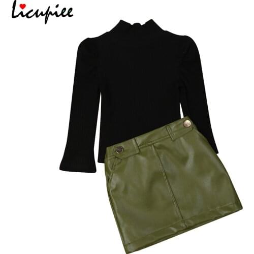 3 Colors Baby Girl Childrens Two Piece Set Girls' Knitted High Neck Bubble Sleeve Sweater Button Leather Skirt 1-6 Years