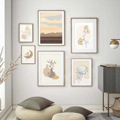 Abstract Female Line Moon Desert Print Nature Boho Poster Canvas Painting Terracotta Potted Plant Wall Art Picture Home Decor