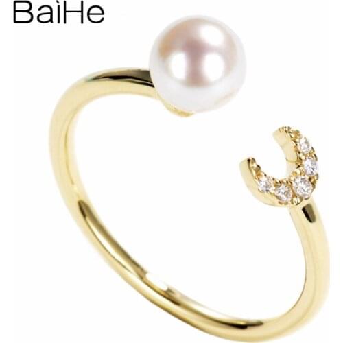 BAIHE Solid 14K Yellow Gold 5mm flawless Freshwater Pearl Engagement Women Trendy Fine Jewelry gift Delicate Pearl Diamond Ring