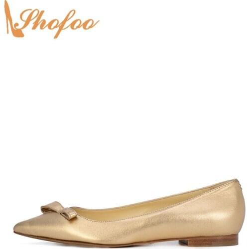 Gold Ballet Flats Patent Leather Women Butterfly-Knot Large Size 14 16 For Ladies Shoes Pointed Toe Fashion Office Mature Shofoo