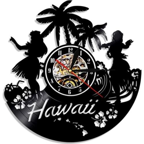 Hawaii Wall Clock Hawaiian Luau Vinyl Record Wall Clock Home Decor Hawaiian Summer Beach Palm Scenery Wall Watch Tourist Gift
