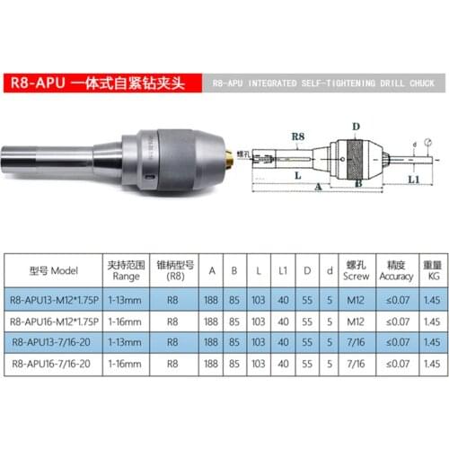 Integrated Drill Chuck R8 Drill Chuck APU13 APU16 Inch/Metric Straight Shank Self-Tightening Drill Chuck