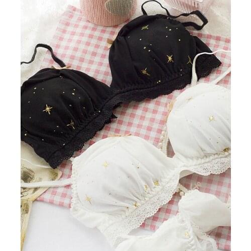 Star Embroidery Bra & Panties Set Wirefree Soft Underwear Sleep Intimates Set Kawaii Lolita Fairy Kei