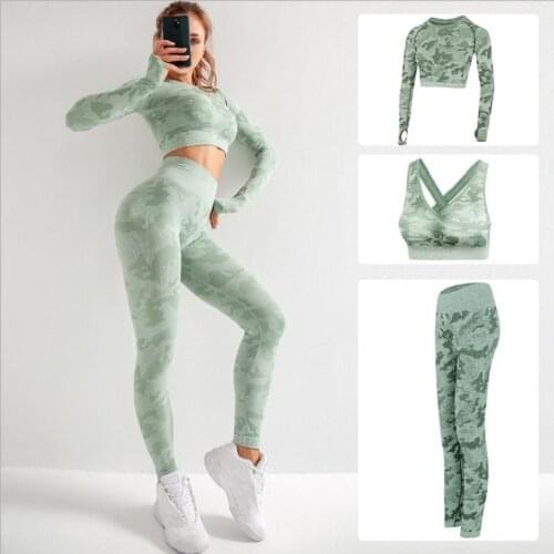 Slim Quick Drying Fitness Yoga Three-piece Suit Camouflage Yoga Suit Shark High Elasticity Gym Training Sujetador Deportivo