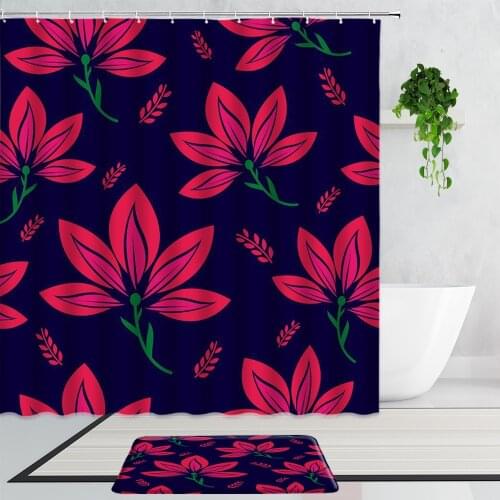 Red And Black Floral Shower Curtains Ethnic Style 3D Fabric Printing Bathroom Decoration Non-Slip Carpet Bath Curtain With Hooks