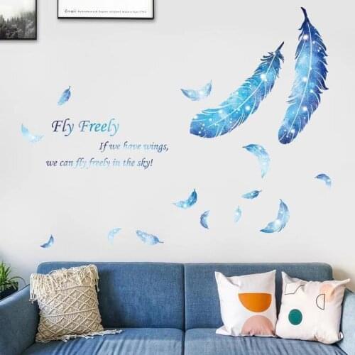 Creative Ins Blue Feather Wall Stickers Home Decor Girl Bedroom Decor Living Room Kids Room Decals for Furniture Art Wallpaper