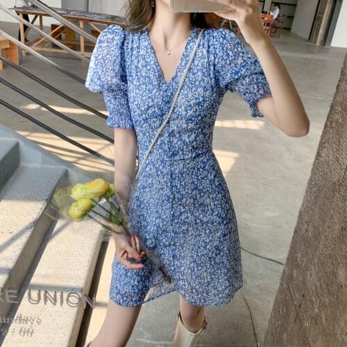 Summer Dresses Pink Blue Floral Chiffon Women Dress Vintage Korean Clothes Bandage Bodycon Office Sexy Party Aline Mini Sundress