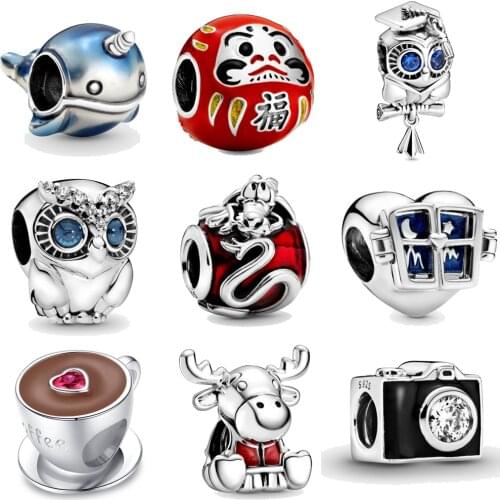 Hot Sale Silver Color Camera Coffee Cup Owl Dharma Beads Fits Original Pandora Bracelets DIY Jewelry Making For Women Gifts