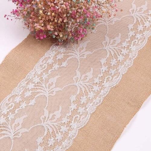 HAZY Vintage Natural Burlap Jute Wedding Table Runner Lace Linen Table Runners Dining Room Party Banquet Decoration