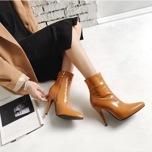 YQBTDL Fashion Stiletto Womens Shoes Black White Yellow Sexy High Heel Boots Pointed Toe Pu Patent Leather Ladies Booties Winter