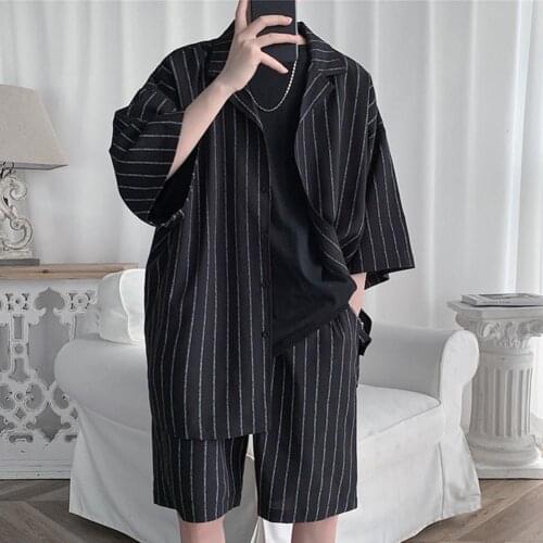 Korean Style Mens Set Suit Men Outfit All-match Comfortable Loose Design Trendy Men Coat Shorts Suit for Dating Clothing Man