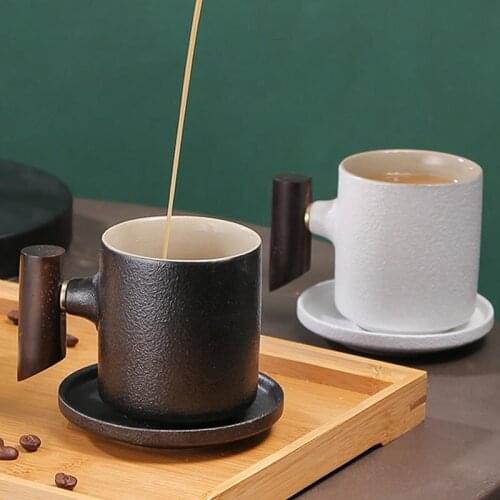 200ml Brief Black White Mug Ceramic Pottery Art Coffee Mugs with Saucer Set Home Drinkware Teaware Breakfast Milk Cup Handle Cup