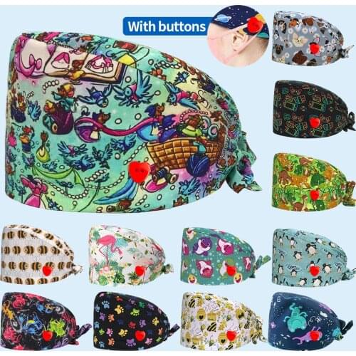 Wholesale 100%Cotton Penguin Cartoon Printing Medical Women Nurse Hats Adjustable Beautician Scrub Hat Pet Shop Lab Scrubs Cap