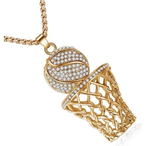 Hip Hop Iced Out Basketball Hoop Pendant Necklace Gold Color Stainless Steel Rhinestones Sports Necklaces For Men Women Jewelry