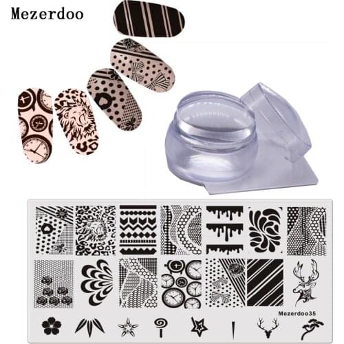 Nail Stamping Plates Lace Grid Animal Pattern Nail Art Template Image Plate + Clear Jelly 3.5cm Silicone Stamper Scraper Set