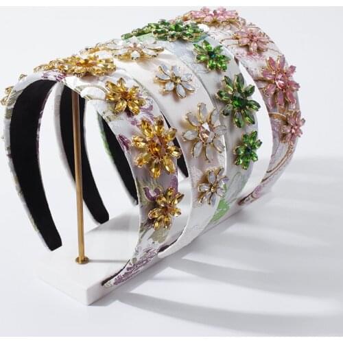 Floral Rhinestone Headbands Green Pink Yellow Crystal Princess Hairbands Luxury Wide Head Band Hair Accessories For Party Prom